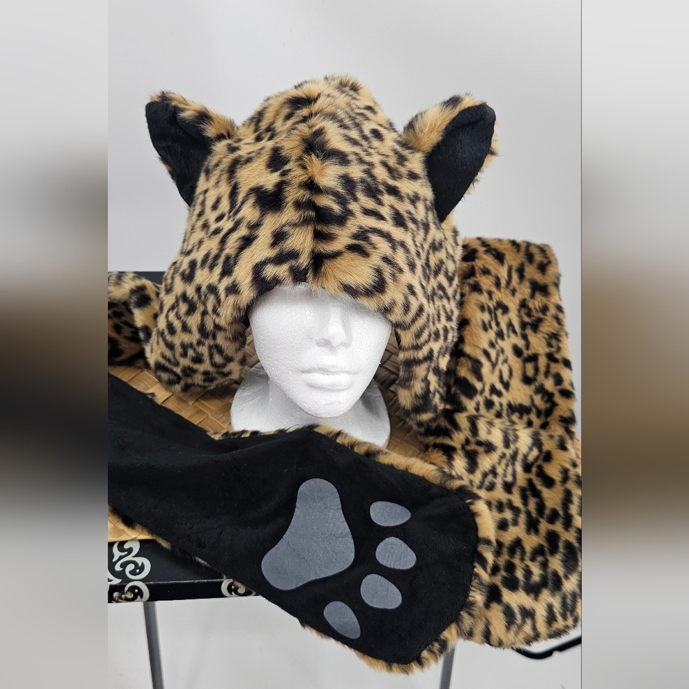 Leopard Hat With Ears Paws Brown Black Hat